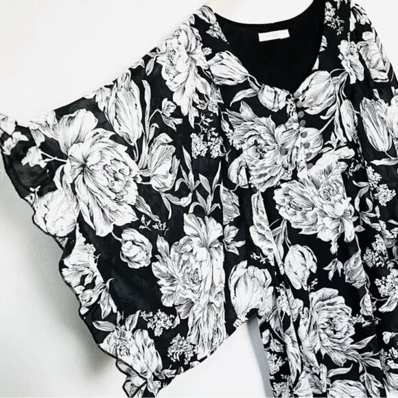 MINKPINK Women's Black Floral V Neck Flutter Kimono Ruffle Sleeves Mini Dress 10 - Picture 10 of 14